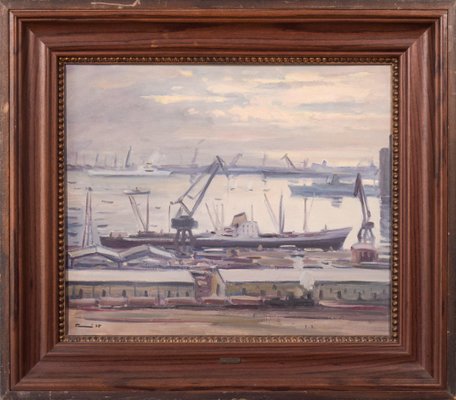 Jose Pomes Abella, Barcelona Port, 1975, Oil on Canvas, Framed-AOI-1106687