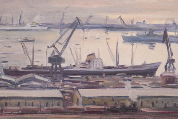 Jose Pomes Abella, Barcelona Port, 1975, Oil on Canvas, Framed-AOI-1106687