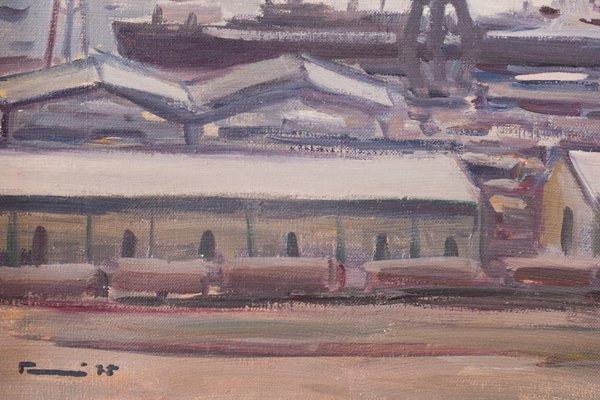 Jose Pomes Abella, Barcelona Port, 1975, Oil on Canvas, Framed-AOI-1106687