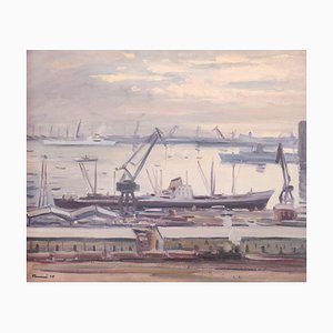 Jose Pomes Abella, Barcelona Port, 1975, Oil on Canvas, Framed-AOI-1106687