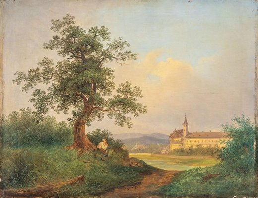 Josef Jonas, View of the Mariabrunn Monastery on the Vienna River, 1800s, Oil Painting-QOR-2023623