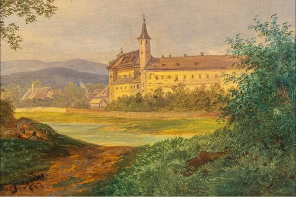 Josef Jonas, View of the Mariabrunn Monastery on the Vienna River, 1800s, Oil Painting-QOR-2023623