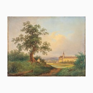 Josef Jonas, View of the Mariabrunn Monastery on the Vienna River, 1800s, Oil Painting-QOR-2023623