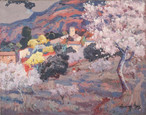 Josep Mas Pou, Almond Blossom Landscape, Mid-20th Century, Oil on Canvas-AOI-1106801