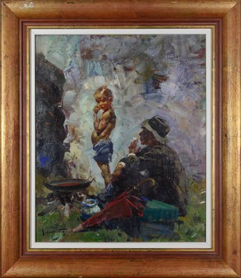 Josep Serra I Santa, Man and Boy by Campfire, 1950s, Oil on Canvas-AOI-2022736