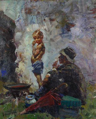 Josep Serra I Santa, Man and Boy by Campfire, 1950s, Oil on Canvas-AOI-2022736