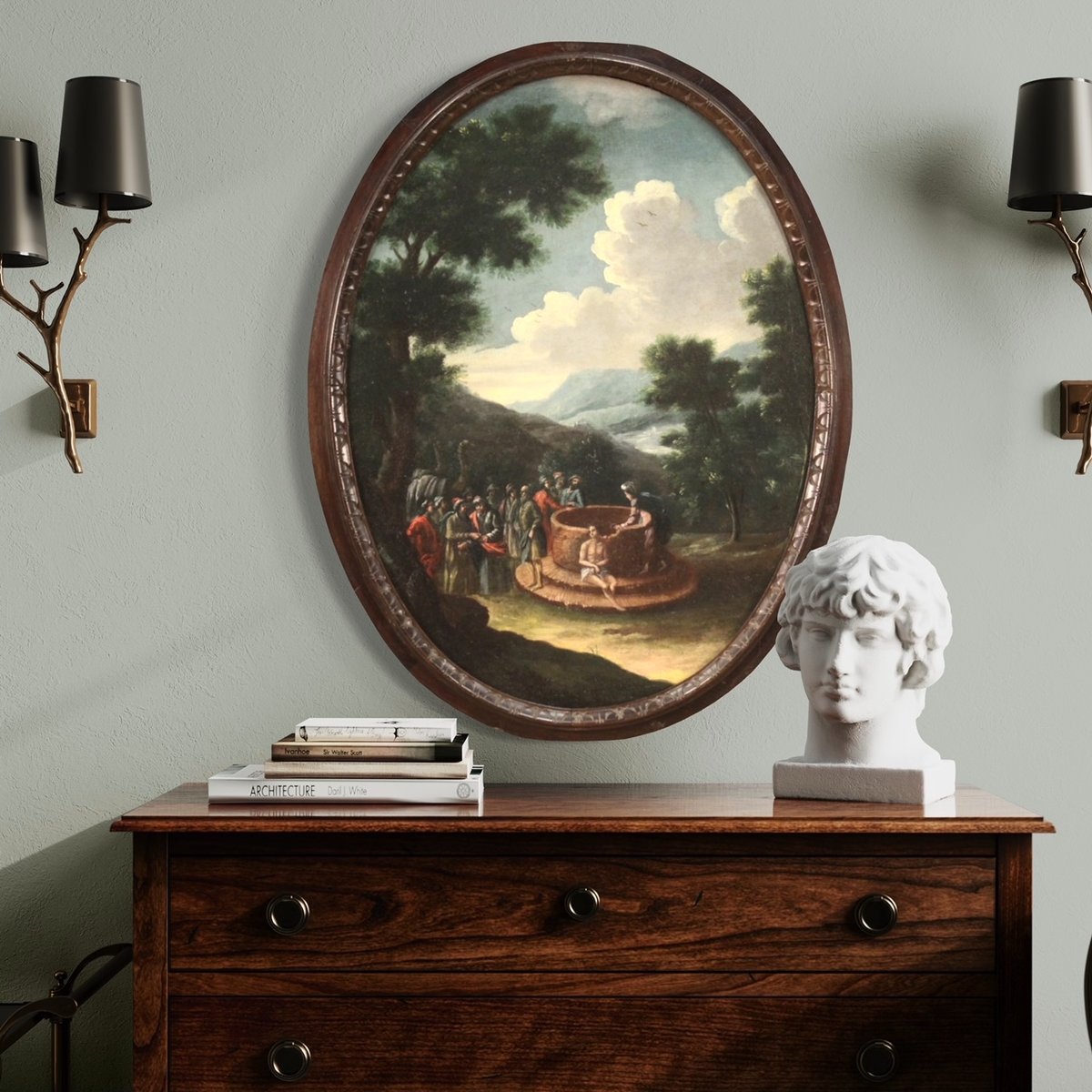 Joseph at the Well, 1721, Oval Oil on Canvas, Framed