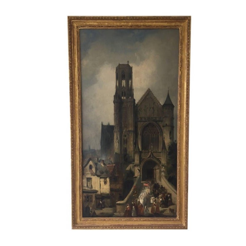 Joseph Bles, Church Scene, 1800s, Oil on Canvas, Framed