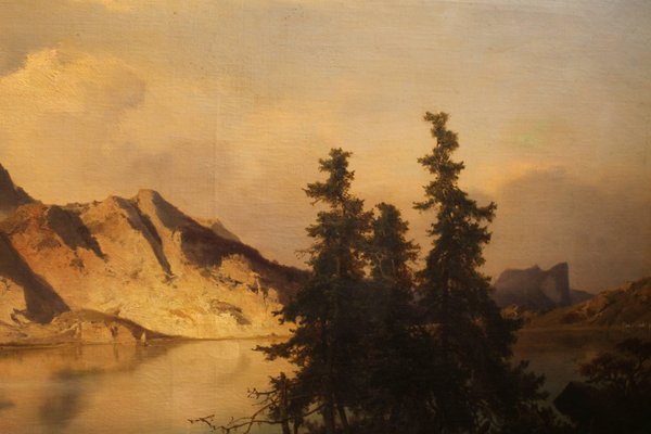 Joseph Brunner, Austrian Landscape with Lake and Mountain Painting, 1869, Oil on Canvas, Framed-AXE-1433451