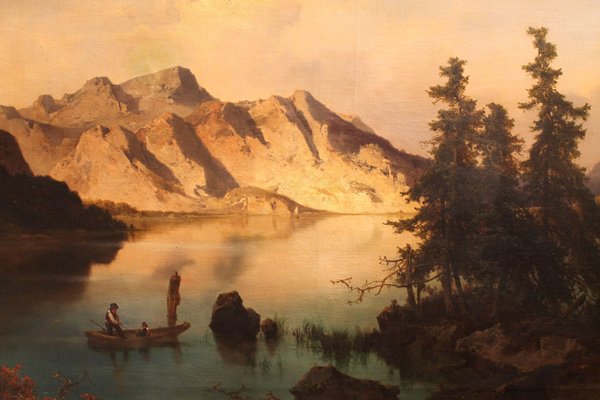 Joseph Brunner, Austrian Landscape with Lake and Mountain Painting, 1869, Oil on Canvas, Framed-AXE-1433451