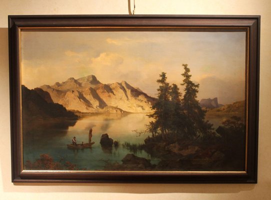 Joseph Brunner, Austrian Landscape with Lake and Mountain Painting, 1869, Oil on Canvas, Framed-AXE-1433451