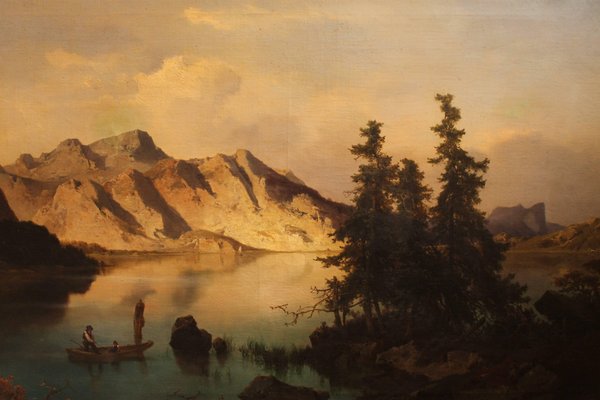 Joseph Brunner, Austrian Landscape with Lake and Mountain Painting, 1869, Oil on Canvas, Framed-AXE-1433451