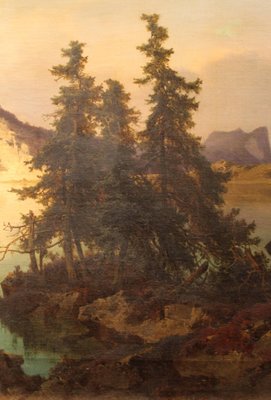 Joseph Brunner, Austrian Landscape with Lake and Mountain Painting, 1869, Oil on Canvas, Framed-AXE-1433451