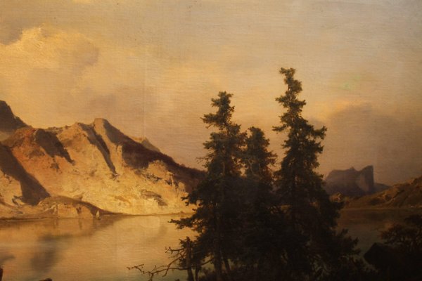 Joseph Brunner, Austrian Landscape with Lake and Mountain Painting, 1869, Oil on Canvas, Framed-AXE-1433451