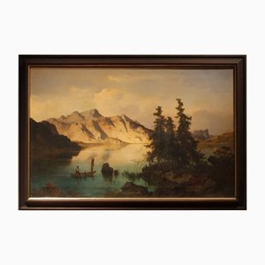 Joseph Brunner, Austrian Landscape with Lake and Mountain Painting, 1869, Oil on Canvas, Framed-AXE-1433451