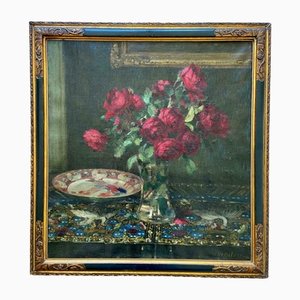 Joseph De Belder, Still Life with Roses and Chinoiserie, Oil on Canvas, Framed-DWL-1347169