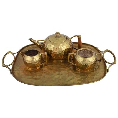 Jugendstil Brass Centrepiece & Tea Set with Tray by Carl Deffner, Germany, 1910s, Set of 4-ZCI-751933