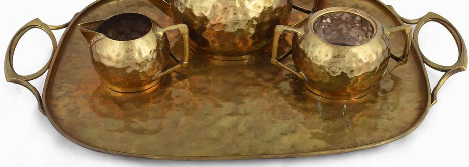 Jugendstil Brass Centrepiece & Tea Set with Tray by Carl Deffner, Germany, 1910s, Set of 4-ZCI-751933