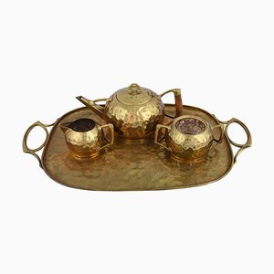 Jugendstil Brass Centrepiece & Tea Set with Tray by Carl Deffner, Germany, 1910s, Set of 4-ZCI-751933