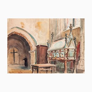 Jules Rene Leblanc - Church interior - ink and Watercolor - Early 20th Century-ZCI-873318