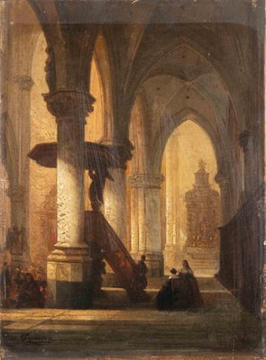 Jules Victor Génisson, Interior of Church, Oil on Board, Mid-19th Century-ZCI-2032681