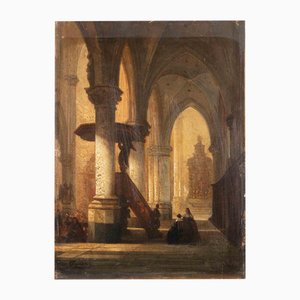 Jules Victor Génisson, Interior of Church, Oil on Board, Mid-19th Century-ZCI-2032681