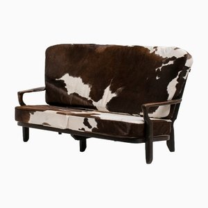 Juliette Sofa in Stained Oak and Cowhide by Guillerme Et Chambron for Votre Maison, 1950s-KWC-1425244