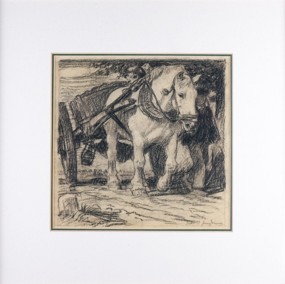 Julius Paul Junghanns, Draft Horse with Cart, 1920s, Charcoal, Framed