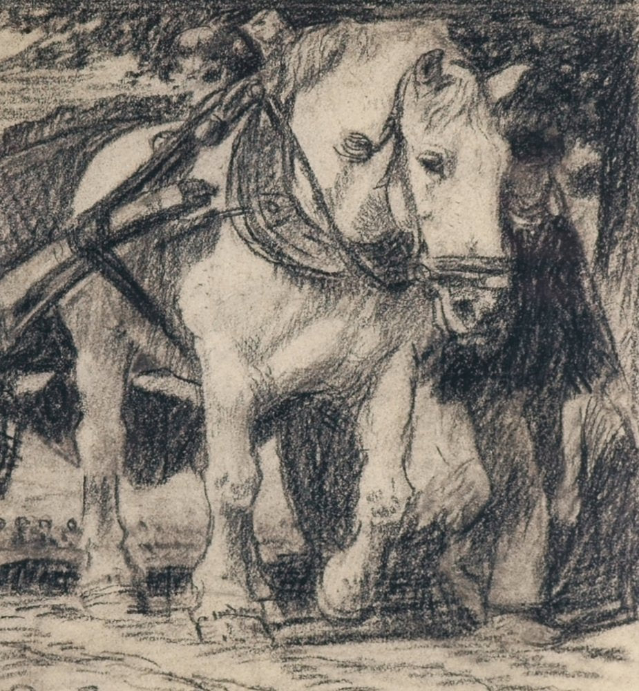 Julius Paul Junghanns, Draft Horse with Cart, 1920s, Charcoal, Framed