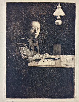 Käthe Kollwitz, Self-Portrait at the Table, 1893, Etching-QFT-2016477