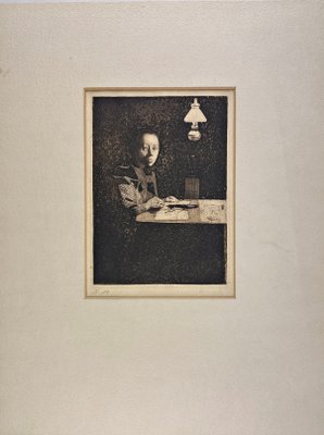 Käthe Kollwitz, Self-Portrait at the Table, 1893, Etching-QFT-2016477