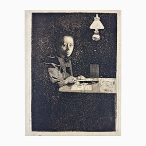 Käthe Kollwitz, Self-Portrait at the Table, 1893, Etching-QFT-2016477