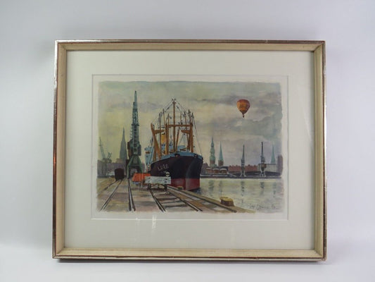 Karl-Heinz Böhme, Hamburg Hafen, 1994, Watercolor, Framed