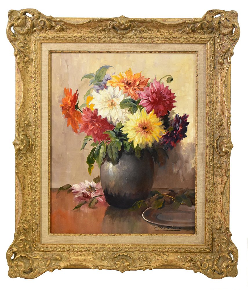 Kees Terlouw, Dahlias, Oil on Canvas, 20th Century, Framed