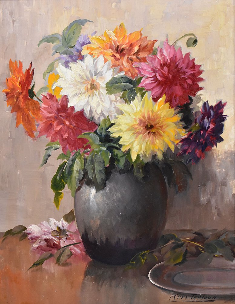 Kees Terlouw, Dahlias, Oil on Canvas, 20th Century, Framed