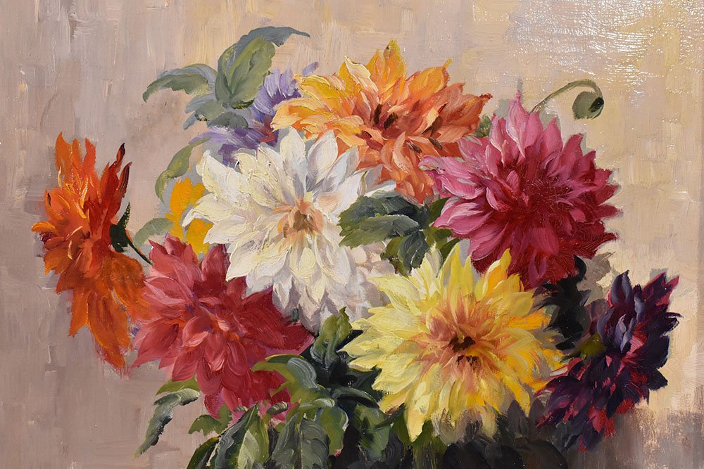 Kees Terlouw, Dahlias, Oil on Canvas, 20th Century, Framed