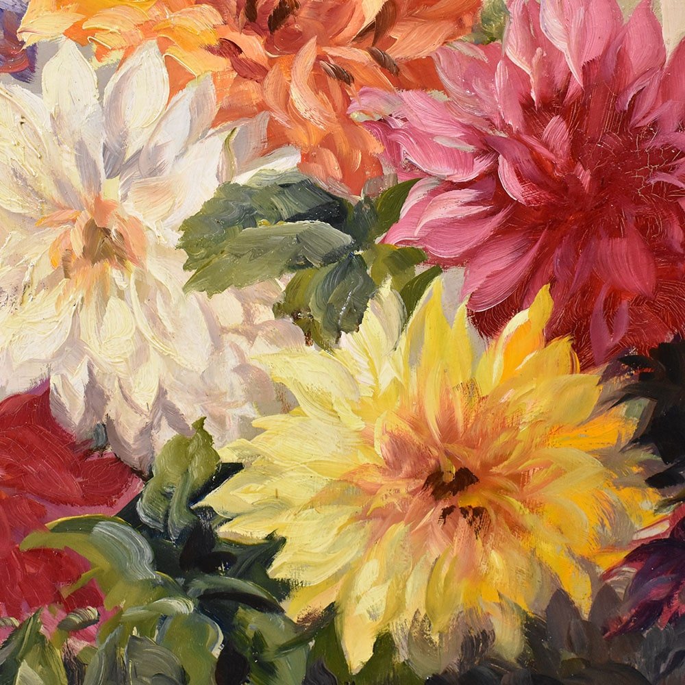 Kees Terlouw, Dahlias, Oil on Canvas, 20th Century, Framed