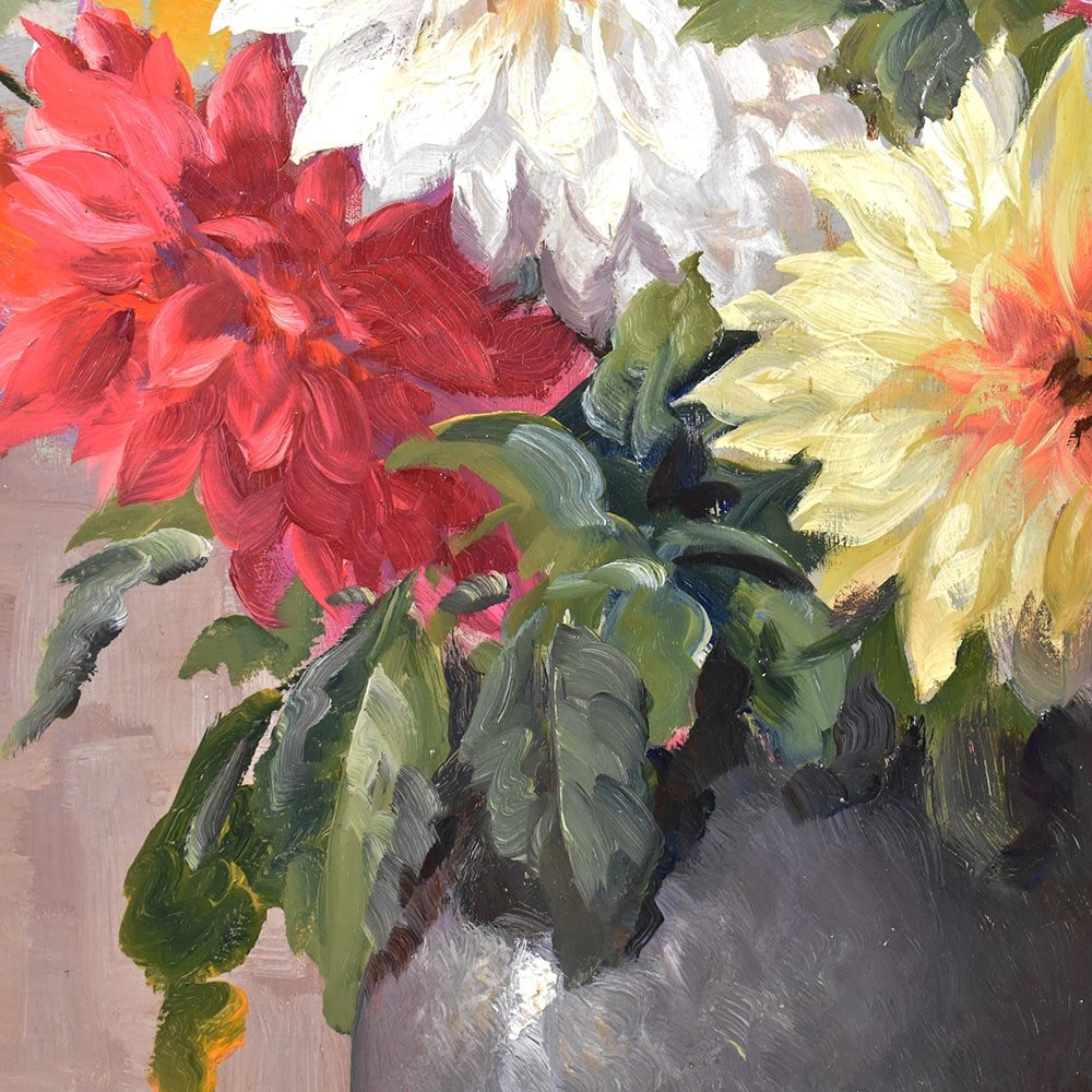 Kees Terlouw, Dahlias, Oil on Canvas, 20th Century, Framed