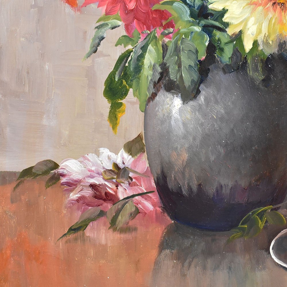 Kees Terlouw, Dahlias, Oil on Canvas, 20th Century, Framed