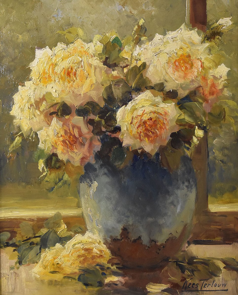 Kees Terlouw, Yellow Roses, 20th Century, Oil on Canvas, Framed