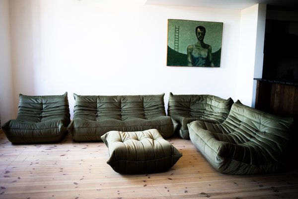 Khaki Velvet Living Room Set by Michel Ducaroy for Ligne Roset, 1970s, Set of 5-IXA-1091654