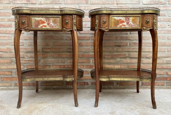 Kidney Shaped Bedside Tables in Carved Wood with Bronze and Marble Top, Set of 2-NOU-1336431