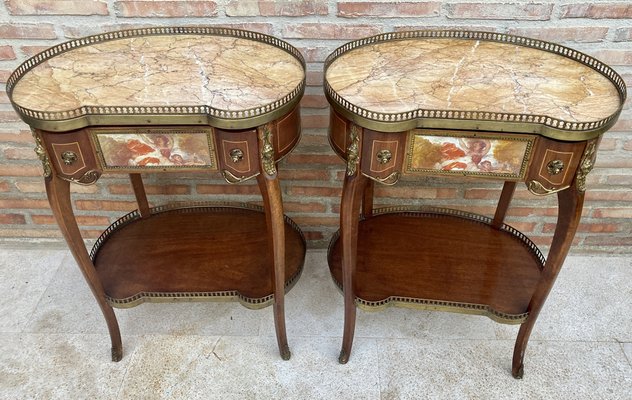 Kidney Shaped Bedside Tables in Carved Wood with Bronze and Marble Top, Set of 2-NOU-1336431