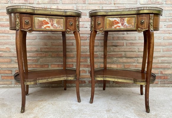 Kidney Shaped Bedside Tables in Carved Wood with Bronze and Marble Top, Set of 2-NOU-1336431