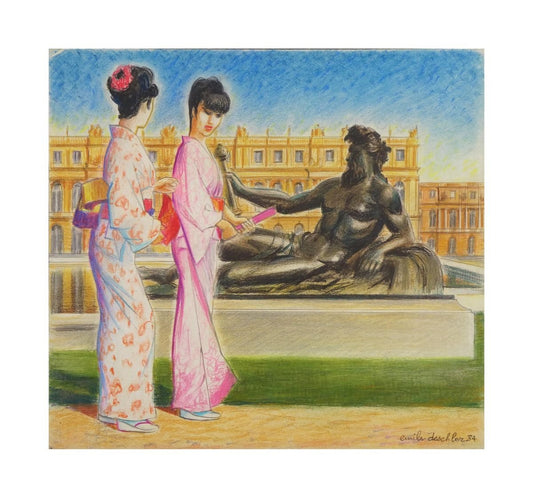 Kimonos at Versailles - Original Pastel Drawing by Emile Deschler - 1984 1984