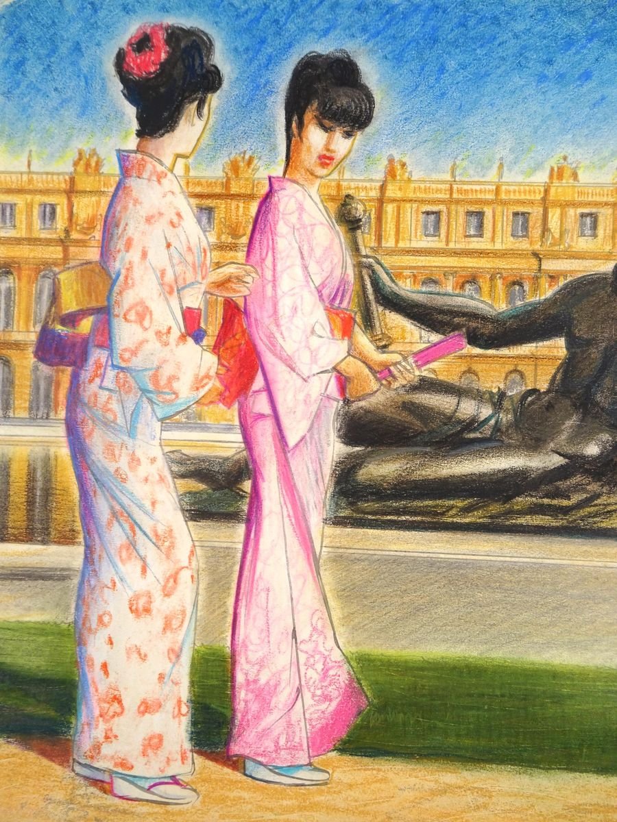 Kimonos at Versailles - Original Pastel Drawing by Emile Deschler - 1984 1984