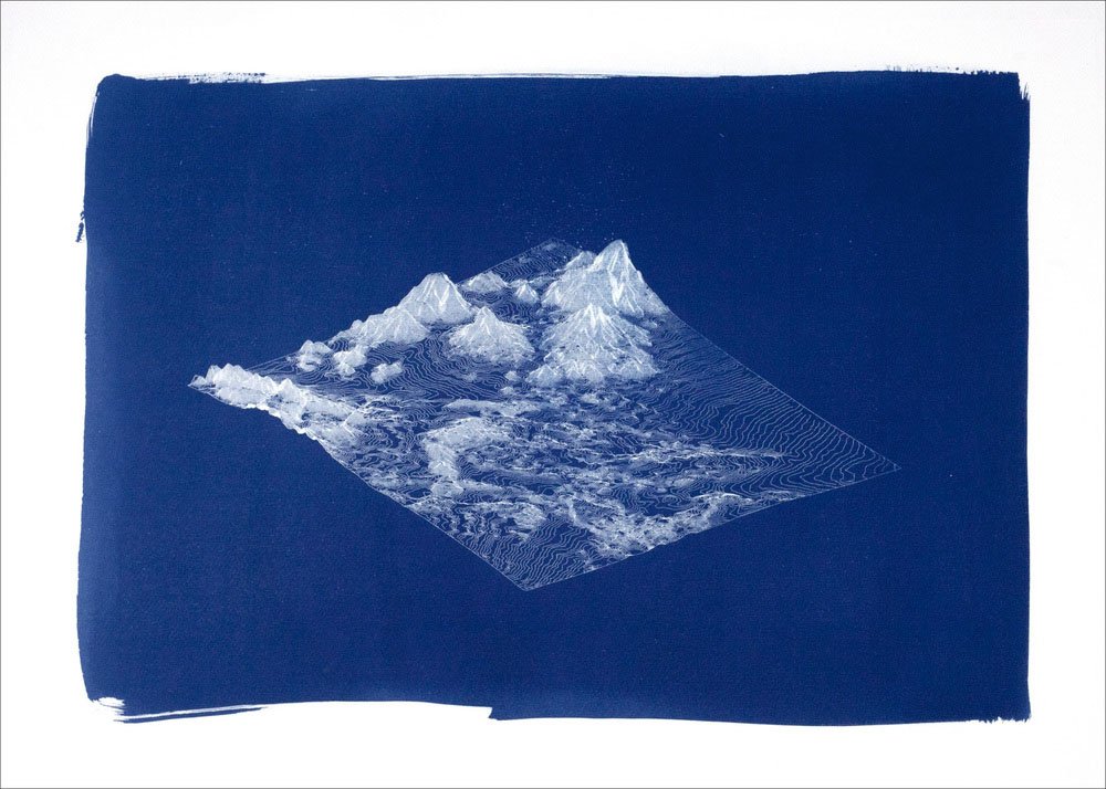 Kind of Cyan, 3D Render Mountain Landscape in Deep Blue Tones, 2021, Cyanotype