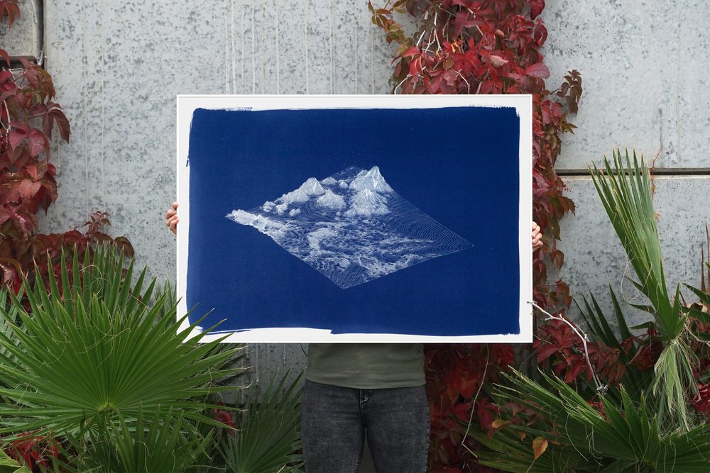 Kind of Cyan, 3D Render Mountain Landscape in Deep Blue Tones, 2021, Cyanotype