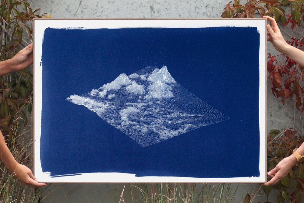 Kind of Cyan, 3D Render Mountain Landscape in Deep Blue Tones, 2021, Cyanotype