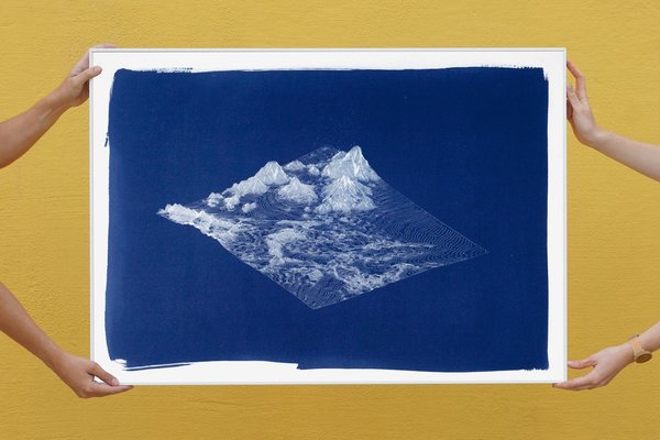 Kind of Cyan, 3D Render Mountain Landscape in Deep Blue Tones, 2021, Cyanotype-RWC-1333529